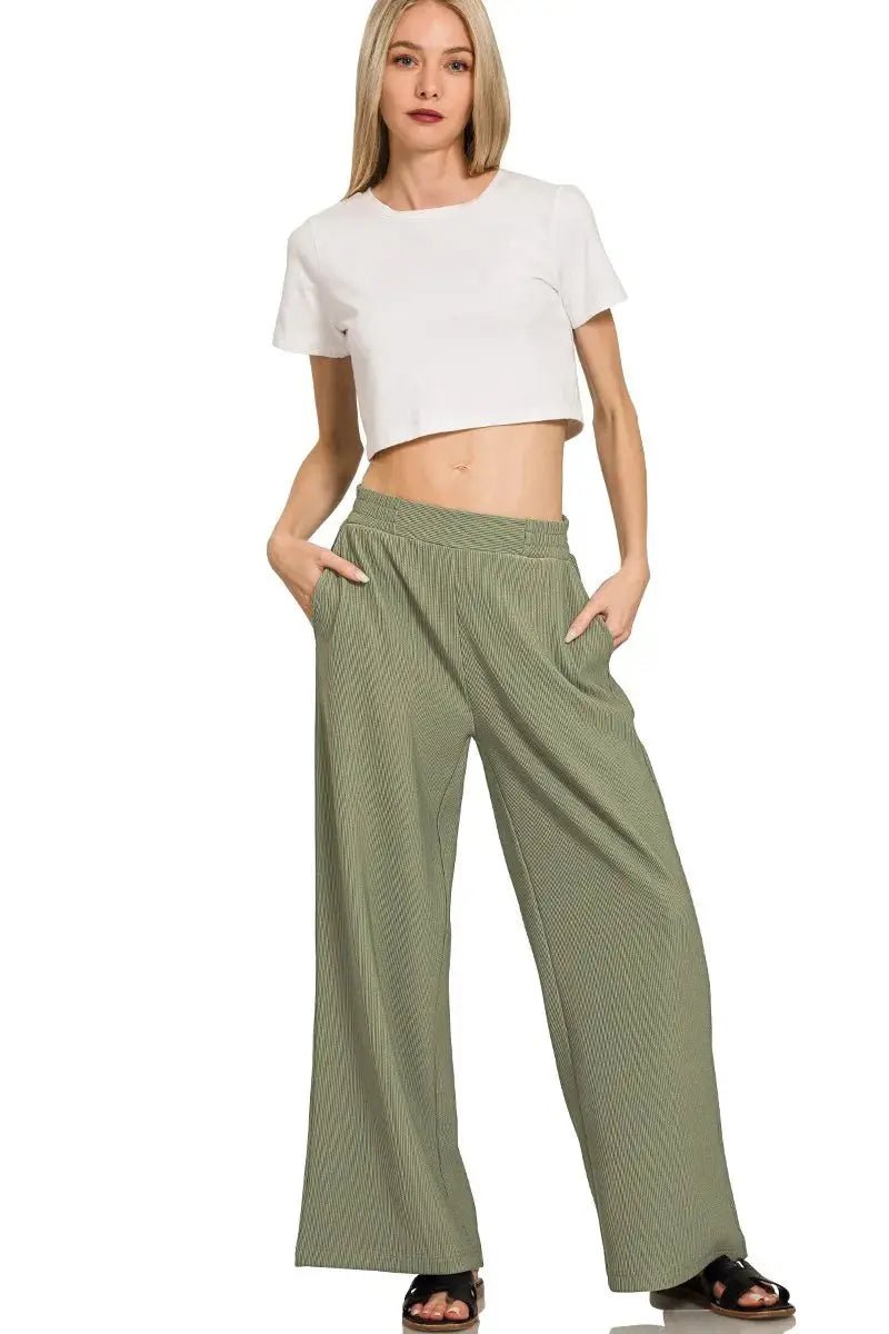 Zenana Ribbed High Neck Half Zip Pullover & Pants Set - Charmdeals