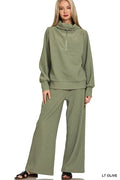 Zenana Ribbed High Neck Half Zip Pullover & Pants Set - Charmdeals