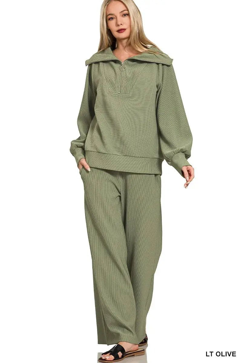 Zenana Ribbed High Neck Half Zip Pullover & Pants Set - Charmdeals