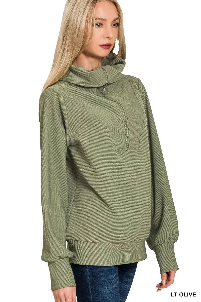 Zenana Ribbed High Neck Half Zip Pullover & Pants Set - Charmdeals