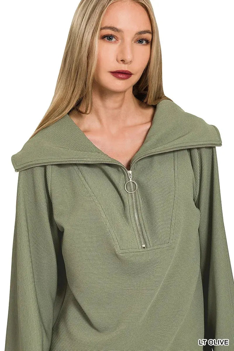 Zenana Ribbed High Neck Half Zip Pullover & Pants Set - Charmdeals
