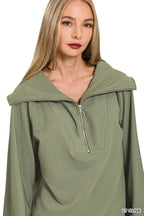 Zenana Ribbed High Neck Half Zip Pullover & Pants Set - Charmdeals