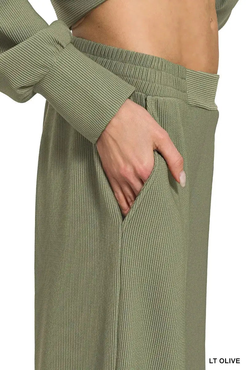 Zenana Ribbed High Neck Half Zip Pullover & Pants Set - Charmdeals