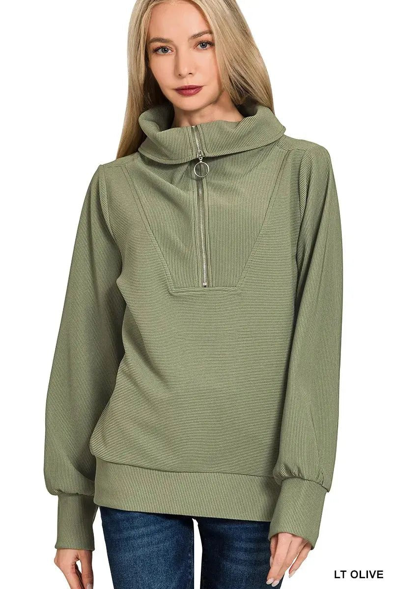Zenana Ribbed High Neck Half Zip Pullover & Pants Set - Charmdeals