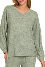 Zenana Soft Melange Long Sleeve Tee & Pants Set - Charmdeals