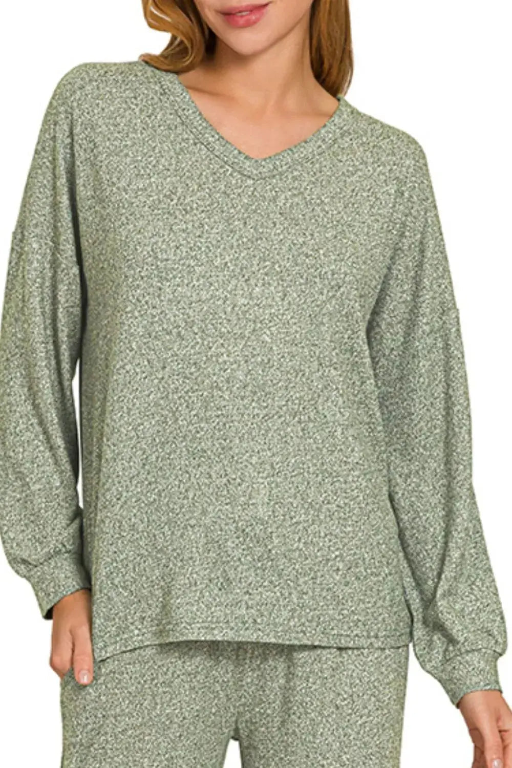 Zenana Soft Melange Long Sleeve Tee & Pants Set - Charmdeals