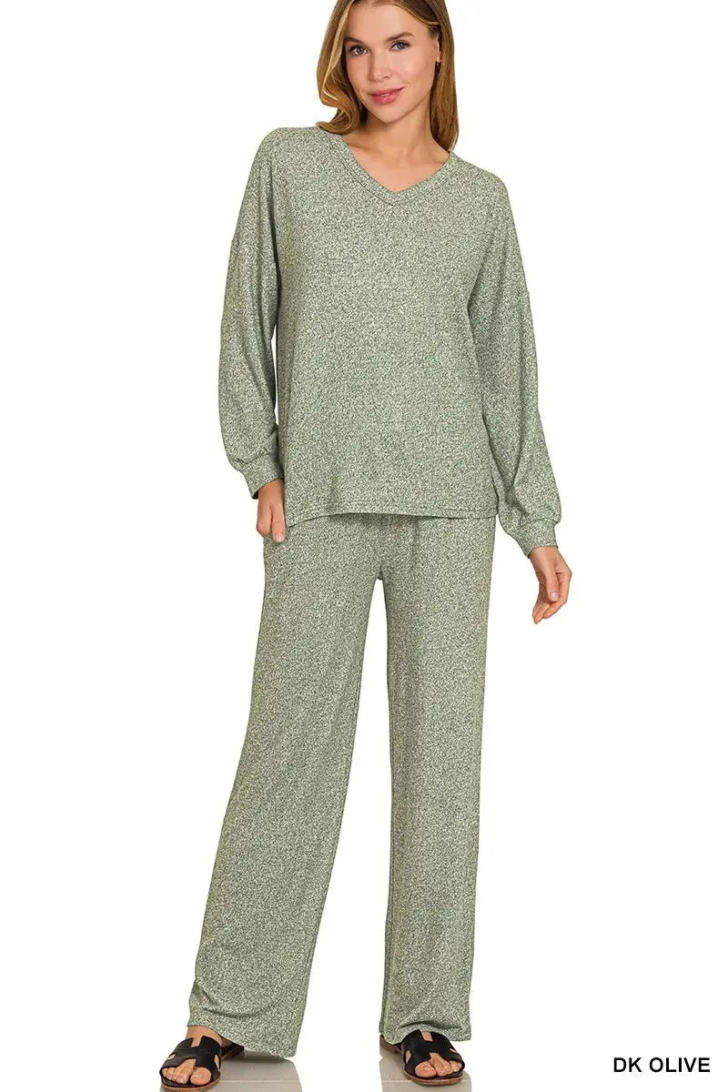 Zenana Soft Melange Long Sleeve Tee & Pants Set - Charmdeals