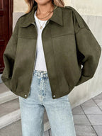 Zip Up Drop Shoulder Jacket - Charmdeals