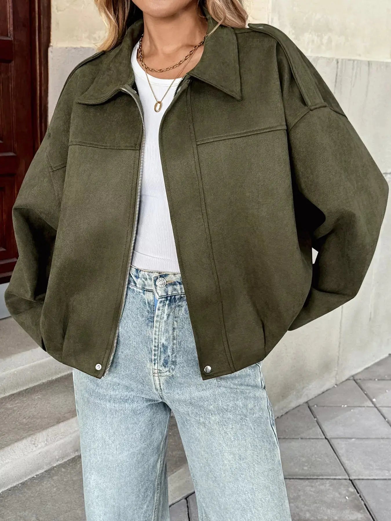 Zip Up Drop Shoulder Jacket - Charmdeals