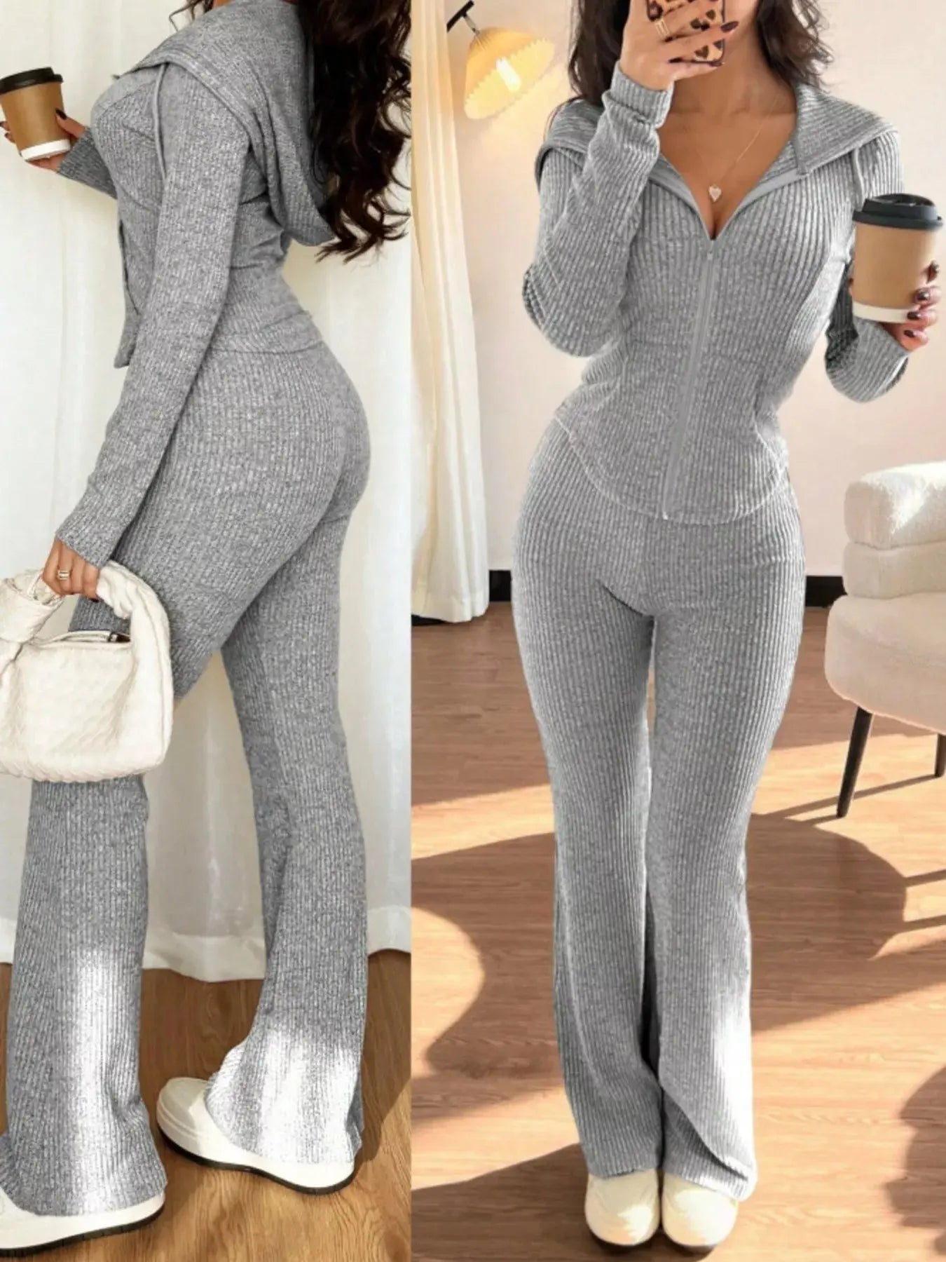 Zip Up Hooded Top and Pants Set - Charmdeals