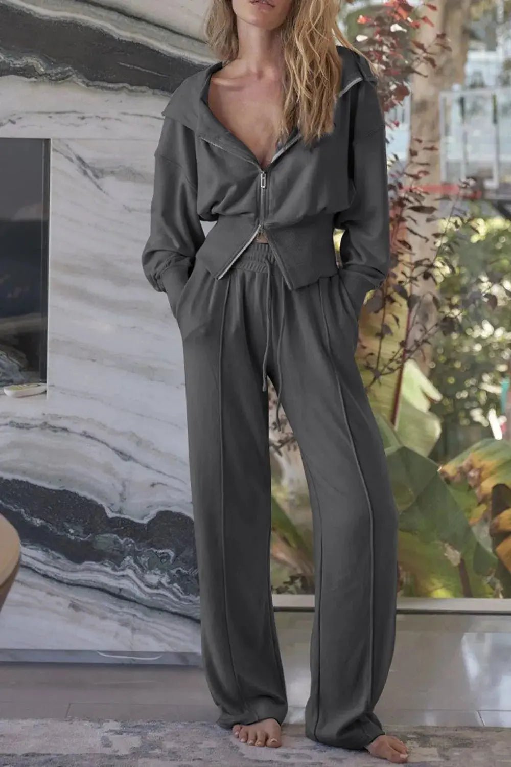 Zip - Up Hoodie and Pants Active Set - Charmdeals