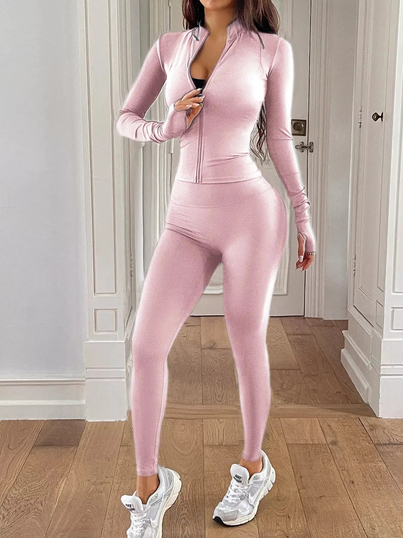 Zip Up Long Sleeve Top and Leggings Active Set - Charmdeals