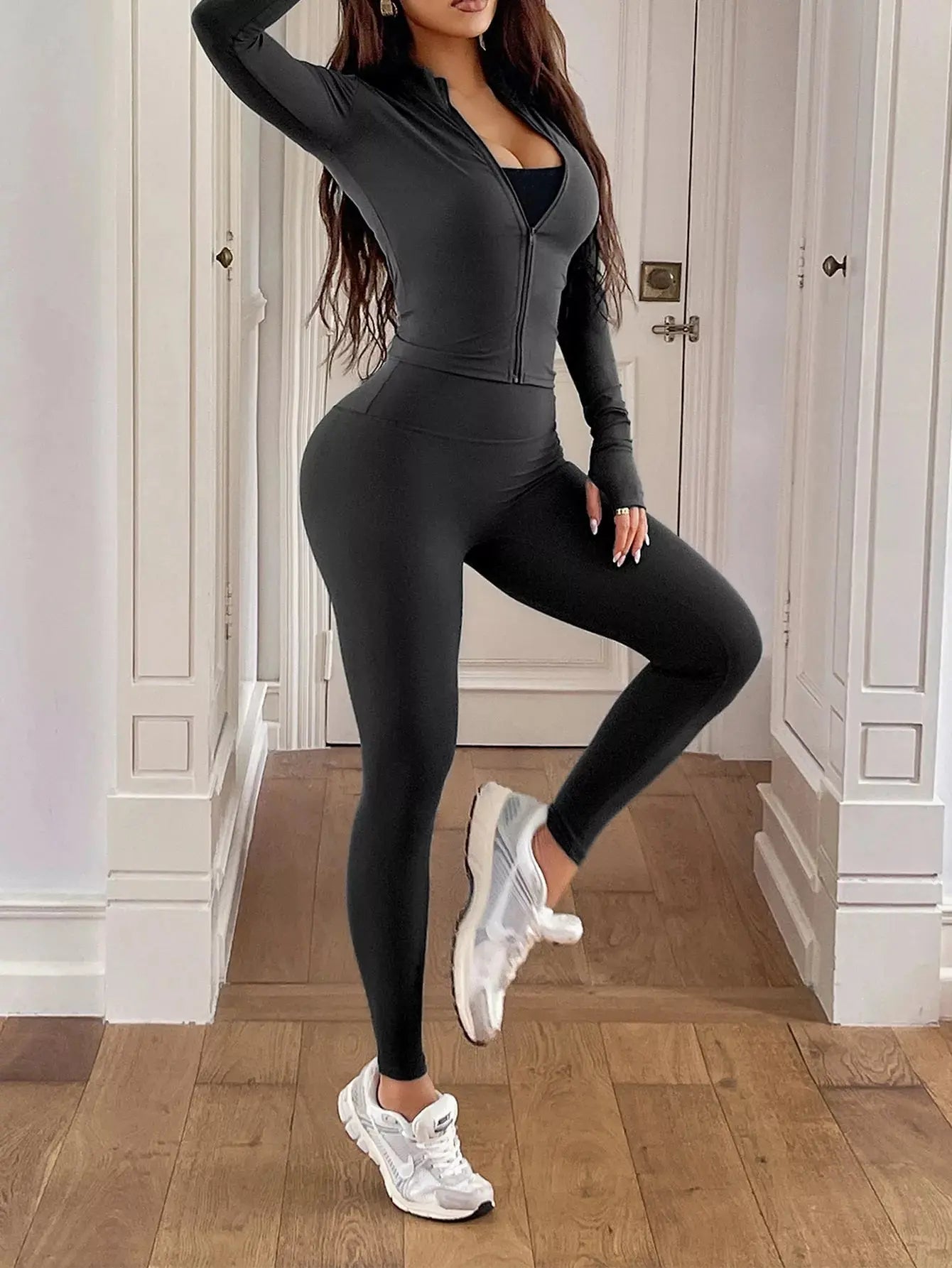 Zip Up Long Sleeve Top and Leggings Active Set - Charmdeals
