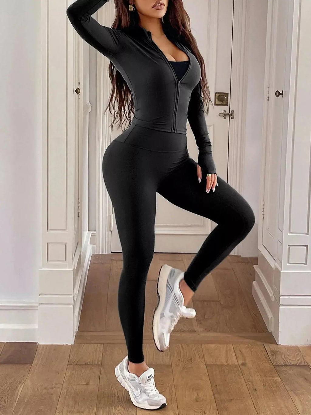 Zip Up Long Sleeve Top and Leggings Active Set - Charmdeals