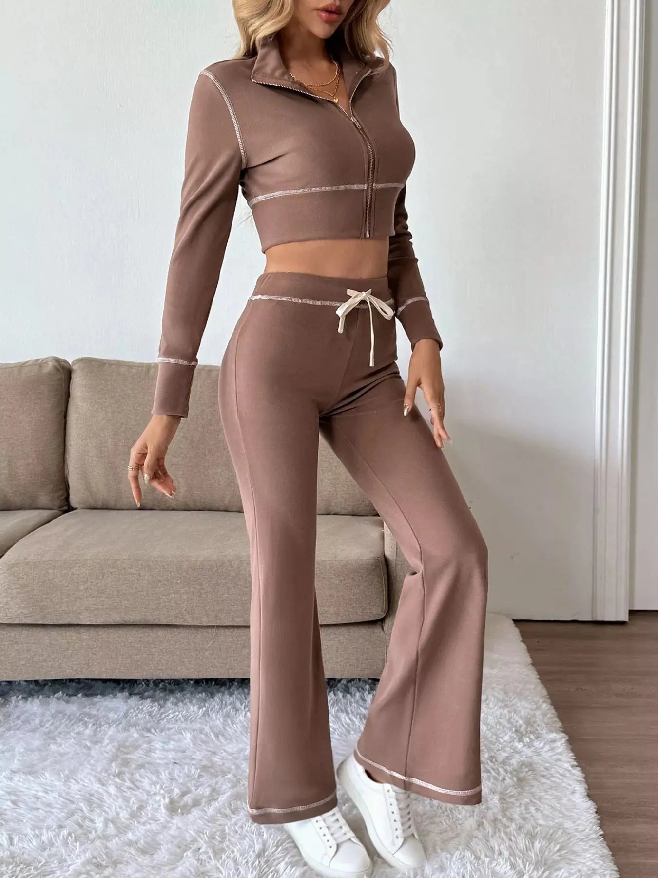 Zip Up Long Sleeve Top and Pants Set - Charmdeals