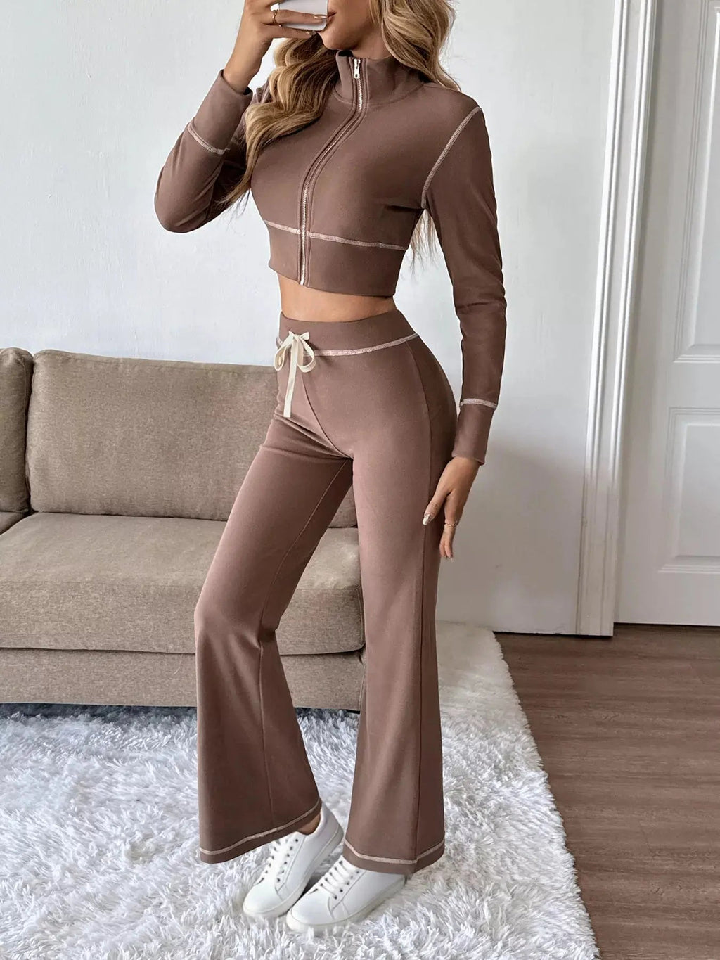 Zip Up Long Sleeve Top and Pants Set - Charmdeals