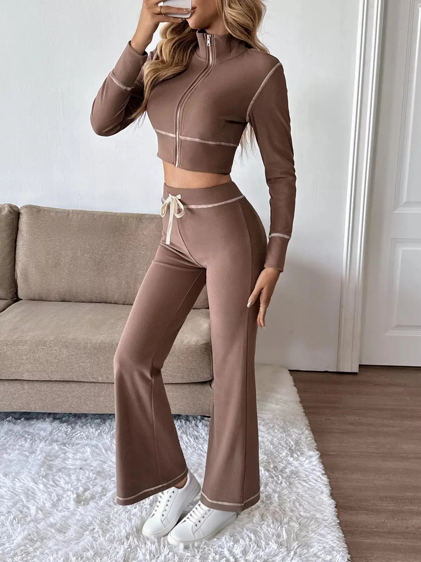 Zip Up Long Sleeve Top and Pants Set - Charmdeals