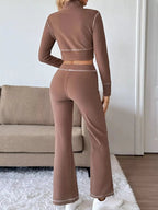 Zip Up Long Sleeve Top and Pants Set - Charmdeals