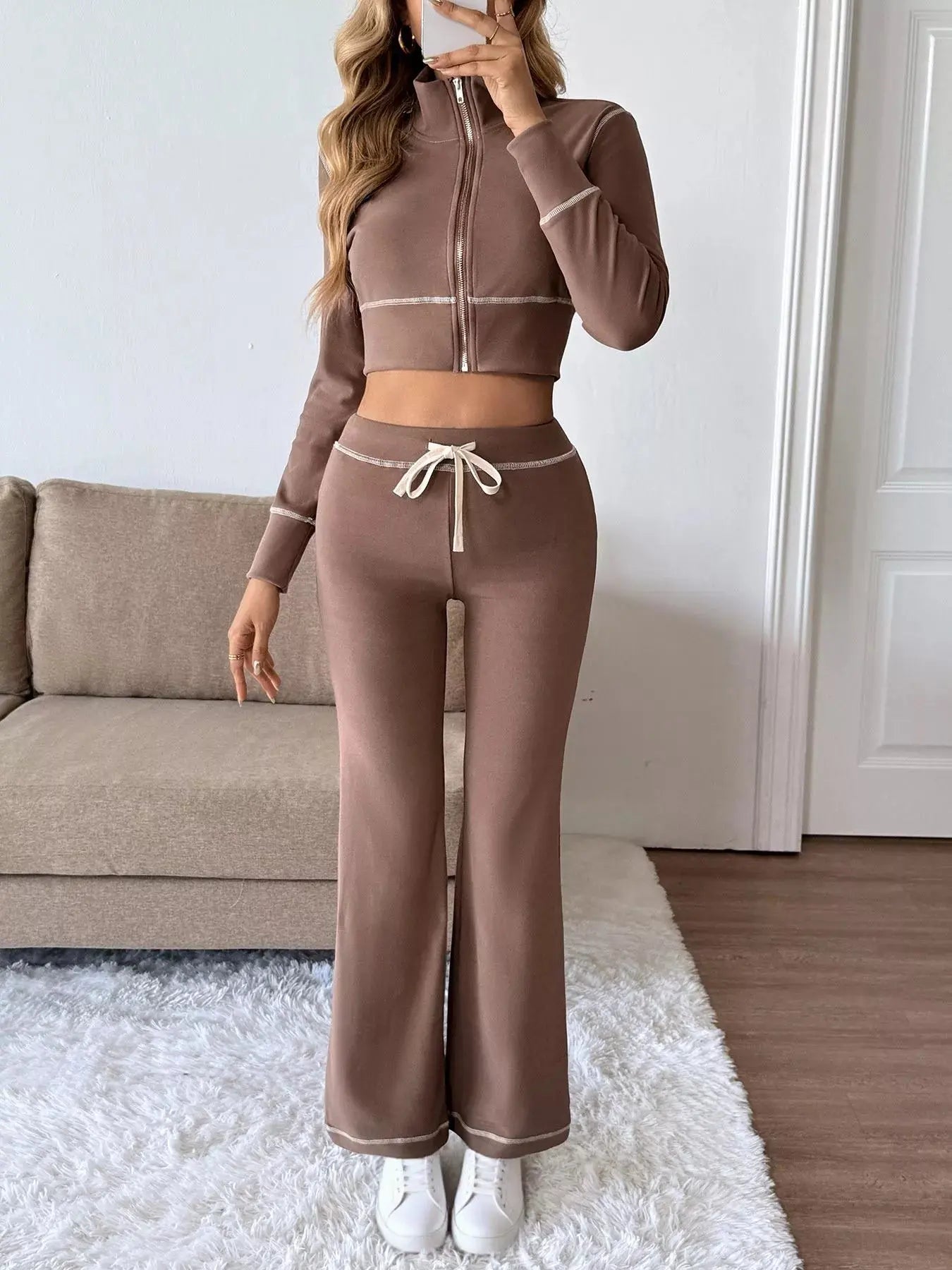 Zip Up Long Sleeve Top and Pants Set - Charmdeals