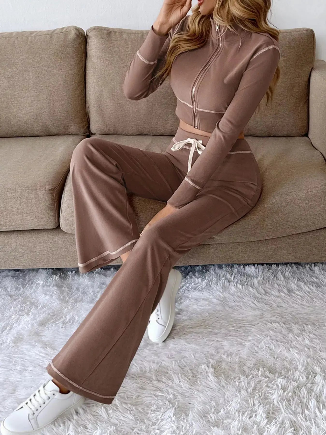 Zip Up Long Sleeve Top and Pants Set - Charmdeals