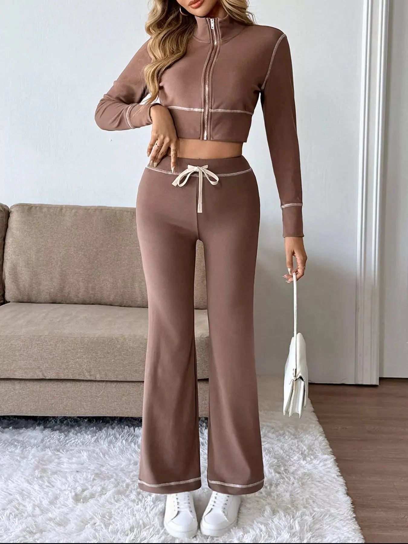 Zip Up Long Sleeve Top and Pants Set - Charmdeals