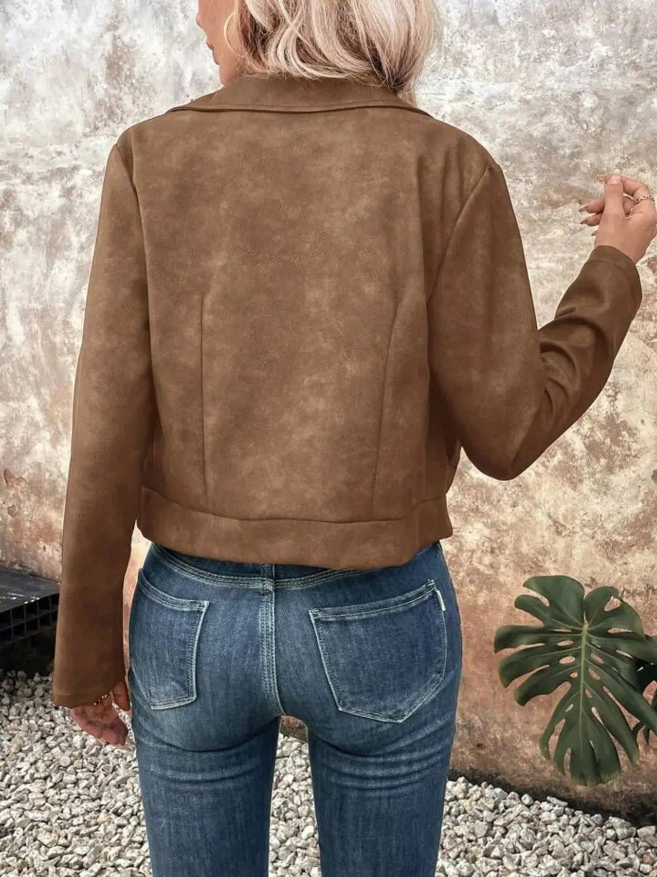 Zip Up Suede Cropped Moto Jacket - Charmdeals