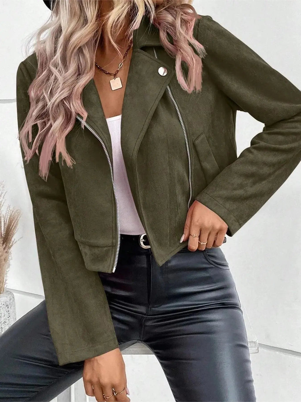 Zip Up Suede Cropped Moto Jacket - Charmdeals