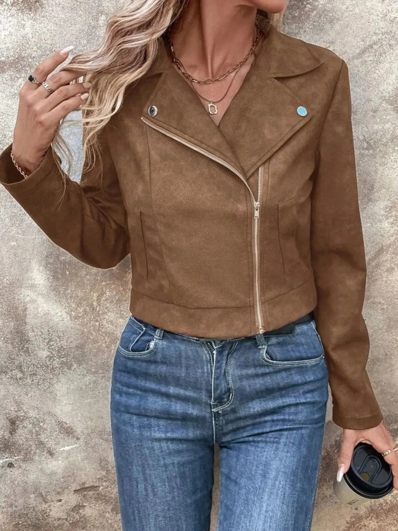 Zip Up Suede Cropped Moto Jacket - Charmdeals