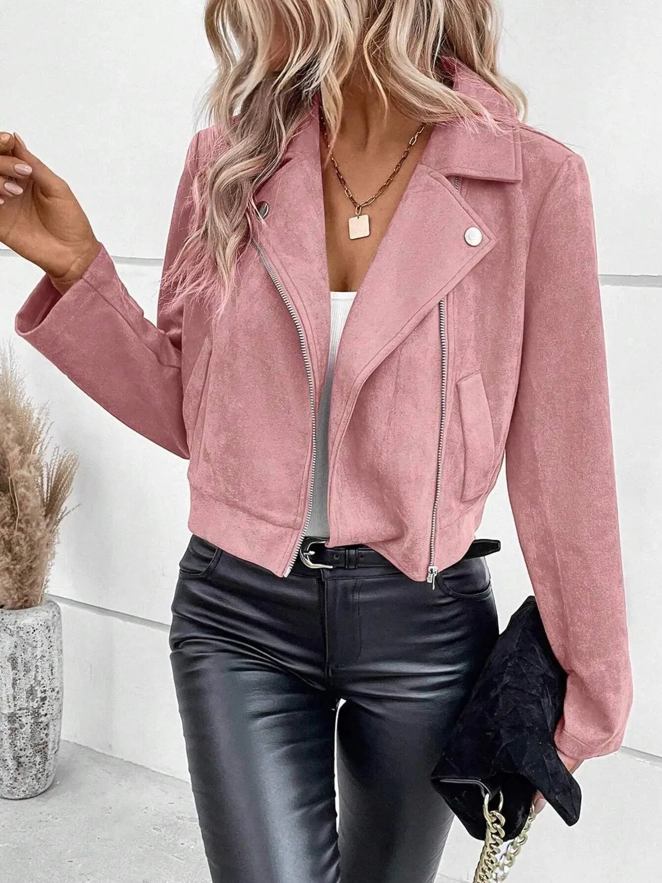 Zip Up Suede Cropped Moto Jacket - Charmdeals