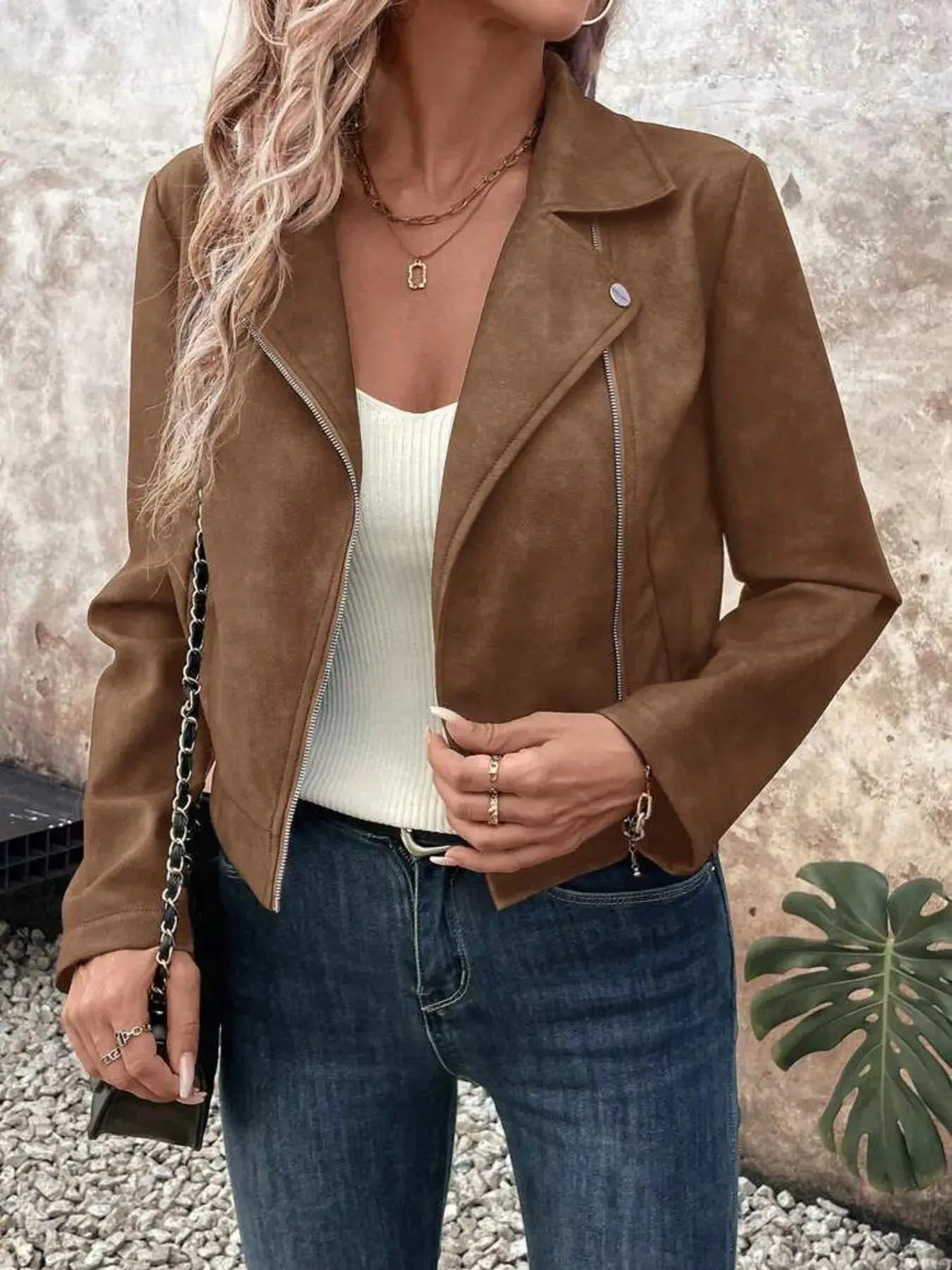 Zip Up Suede Cropped Moto Jacket - Charmdeals