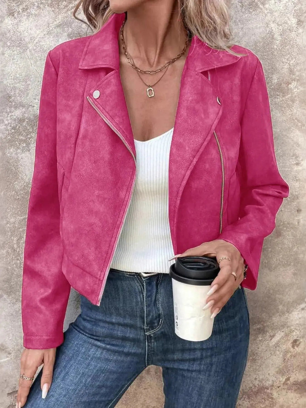 Zip Up Suede Cropped Moto Jacket - Charmdeals