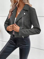 Zip Up Suede Cropped Moto Jacket - Charmdeals