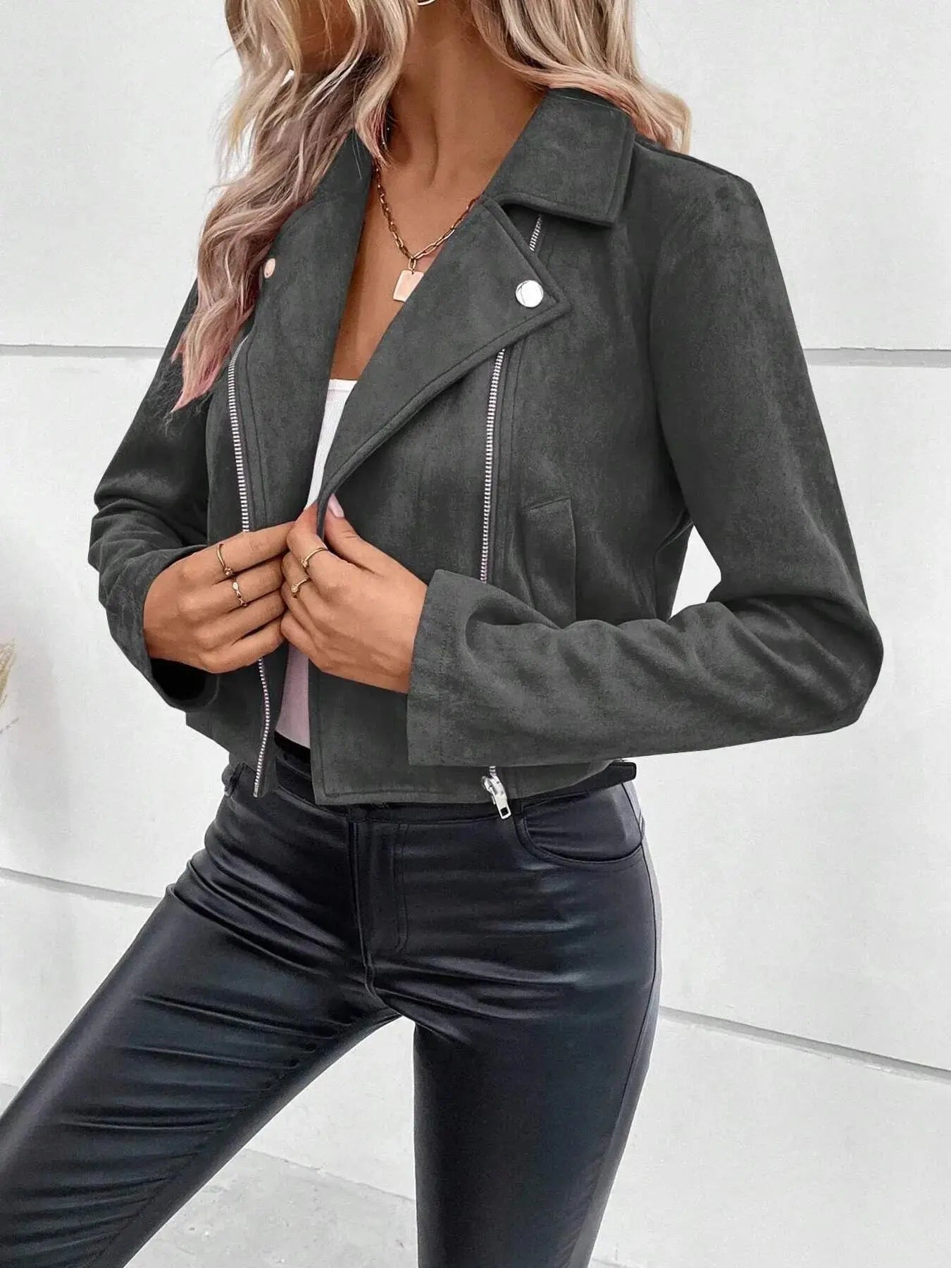Zip Up Suede Cropped Moto Jacket - Charmdeals