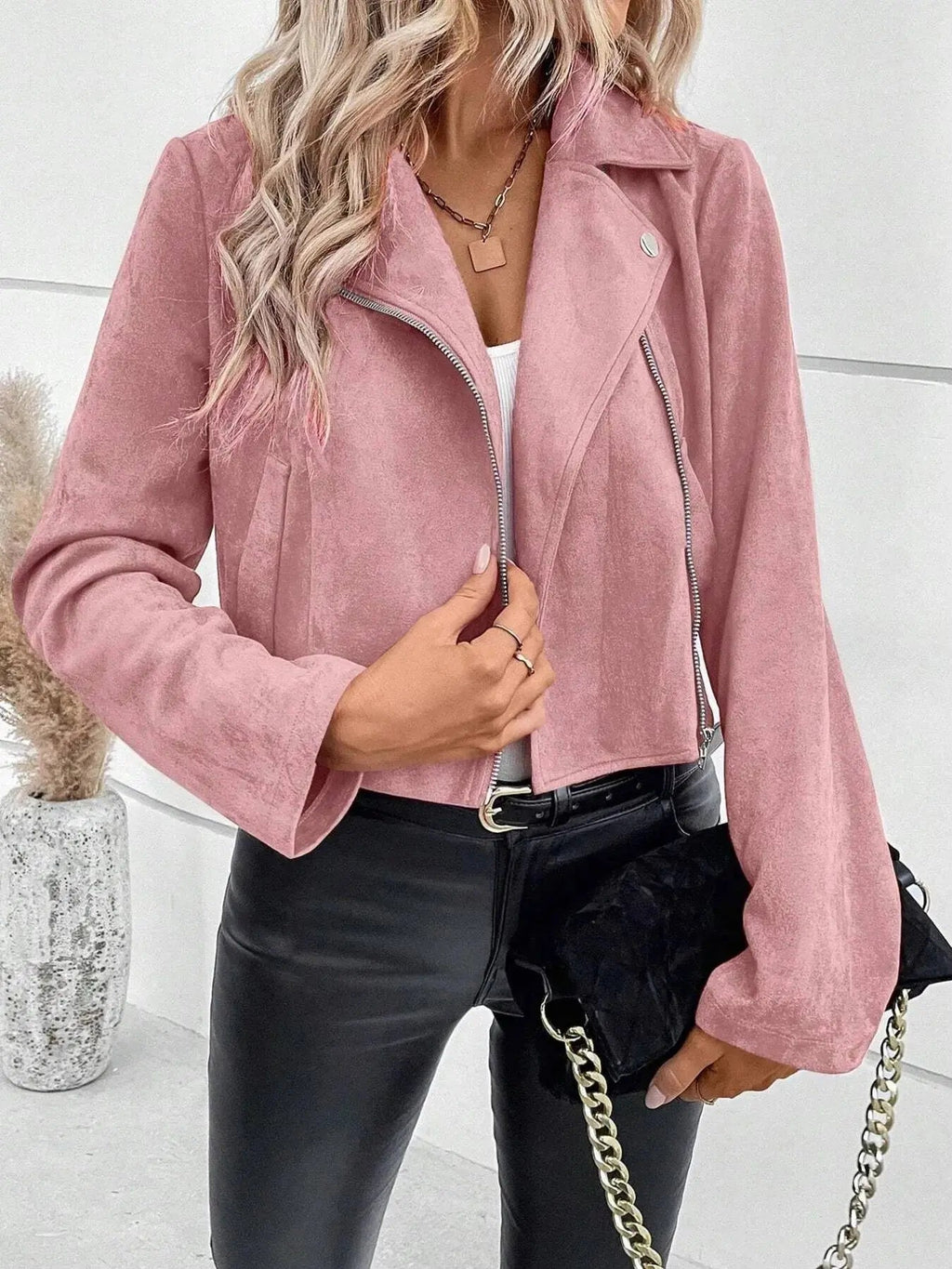 Zip Up Suede Cropped Moto Jacket - Charmdeals