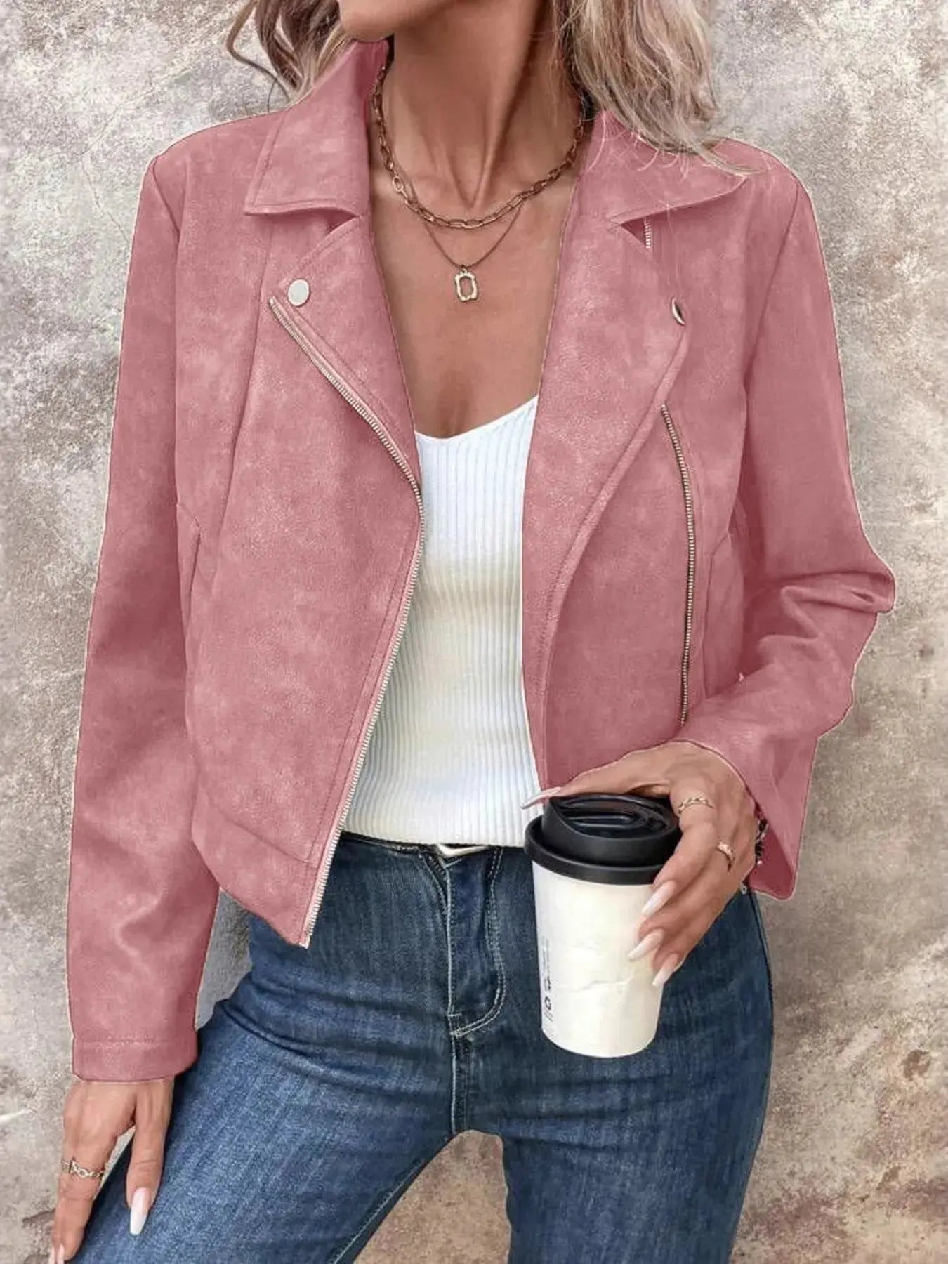 Zip Up Suede Cropped Moto Jacket - Charmdeals