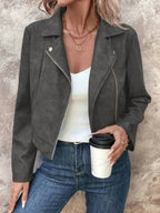 Zip Up Suede Cropped Moto Jacket - Charmdeals
