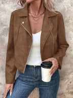 Zip Up Suede Cropped Moto Jacket - Charmdeals