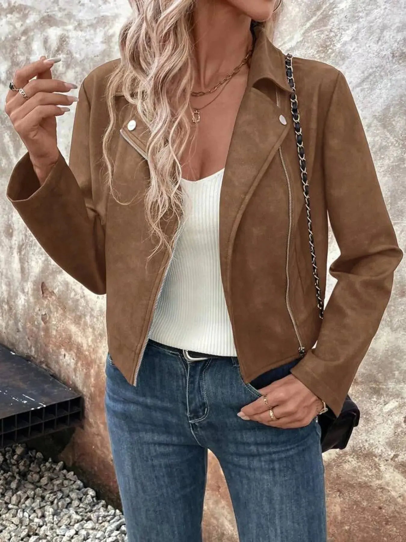 Zip Up Suede Cropped Moto Jacket - Charmdeals